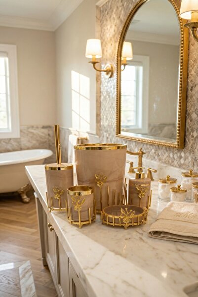 MAKRİ HOME Gold Kaplama Metal Stantlı 5 Parça Mermer Desenli ve Düz Renk Seçe...