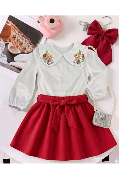 CALİSA Set cămașă cu broderie albă și fustă roșie pentru fete |   Combinație ...