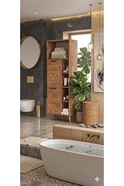 Tanmob Suna İki Kapaklı 9 Raflı Banyo Dolabı Çam - BDL0402