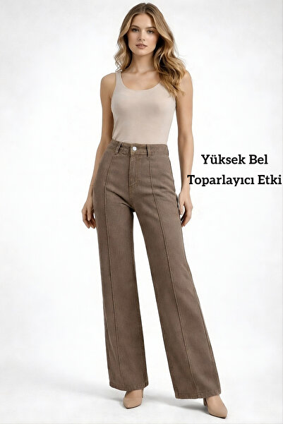 Rose Yüksek Bel Pileli Palazzo Kahverengi Kadın Kot Pantolon Geniş Paça Topar...