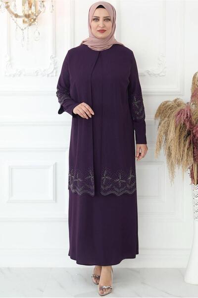 TRENDTESETTÜR Women's Plum Stone Embroidered Evening Dress t 1621