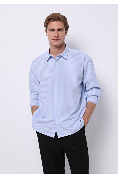 Colin's Boxy Fıt Shirt Neck Çizgili Erkek Mavi Uzun Kol Gömlek