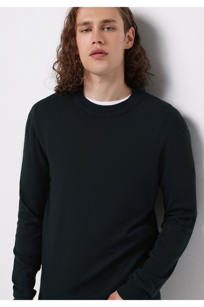 Colin's Мъжки зелен жакардов пуловер с кръгло деколте и нормална кройка