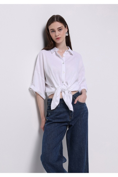 Colin's Relax Fit Cepsiz Shirt Neck Düz Kadın Beyaz Roll-up Gömlek