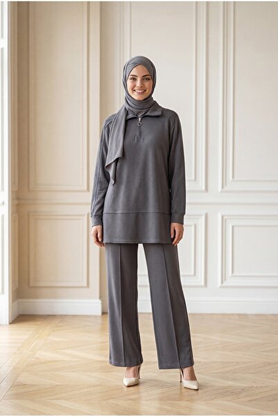 BENAHOLL Sude Shoulder and Front Stitched Half-Zipper Trousers Set-Mf1845 Ant...