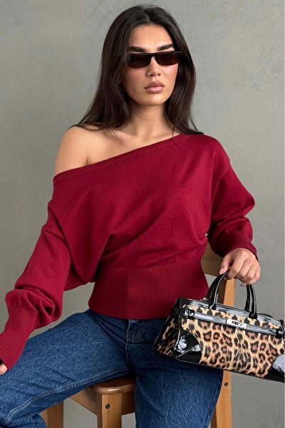 Madmext Red Ribbed Asymmetrical Cut Women's Sweater Mg2744