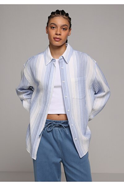 Colin's Оверсайз риза с раиран яка, дамска синя риза с дълъг ръкав