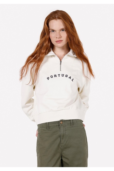 Colin's Regular Fit Fermuarlı Baskılı Kadın Beyaz Sweatshirt