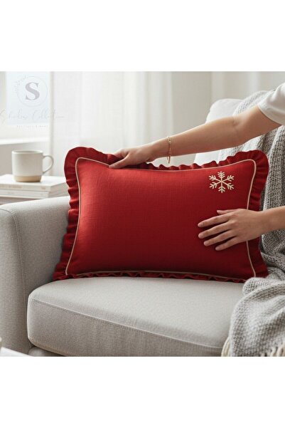 shules collection غطاء وسادة من الكتان الأحمر المطرز (50×70) قطعة واحدة بدون ...