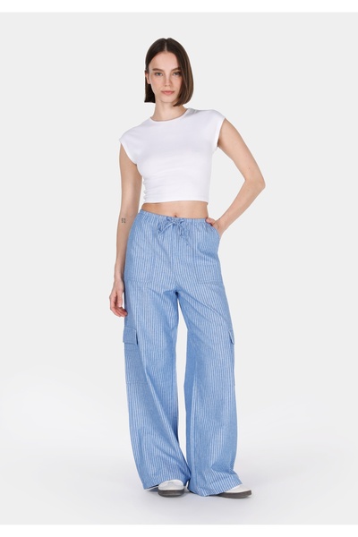 Colin's Дамски панталони с висока талия и широки крачоли, в син цвят, с редов...