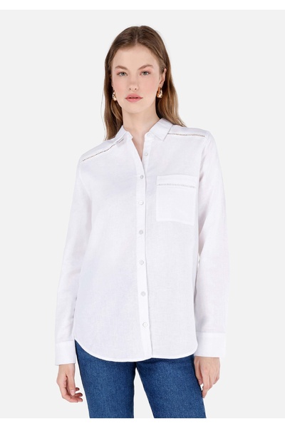 Colin's Regular Fit Shirt Neck Düz Kadın Beyaz Uzun Kol Gömlek