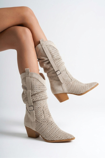 BonuStep Bej Körüklü Kadın Kalın Topuklu Yazlık Çizme