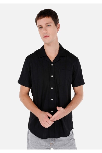 Colin's Regular Fit Shirt Lapel Stripe Black Men's Short Sleeve Shirt