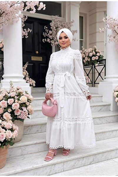 Moda Nurhan İthal Fransız Dantel Beyaz Elbise