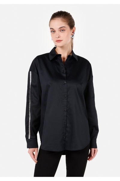 Colin's Relax Fit Pamuklu Shirt Neck Kadın Siyah Uzun Kol Gömlek