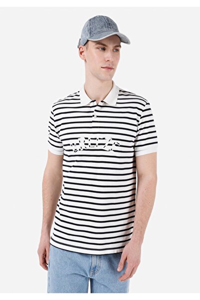 Colin's Tricou alb cu mânecă scurtă pentru bărbați, cu guler polo, cu dungi