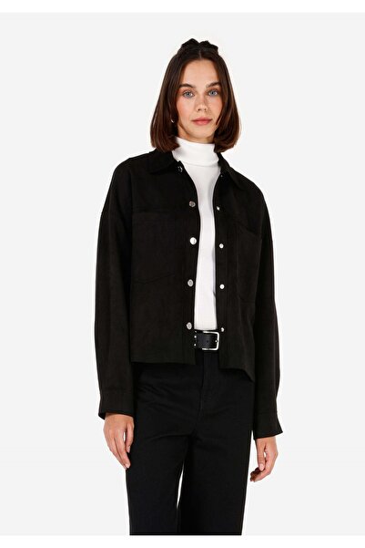 Colin's Регулярна кройка Плетена блуза с яка Дамска черна блуза с дълъг ръкав