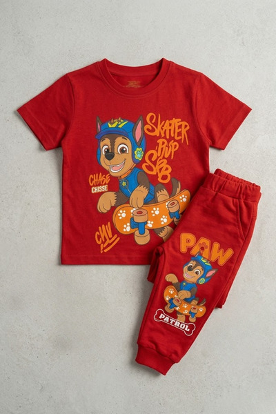 Zekalya Boy's Paw Patrol Printed Single Jersey Red Combed Cotton Top and 2-Thread Bottom Set