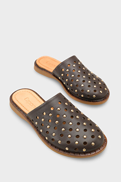 Capone Outfitters Lidia Genuine Leather Flat Heeled Studded Women's Sabo Slipper