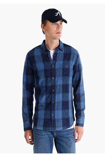 Colin's قصة ضيقة قميص برقبة مستديرة بجيوب بنقش مربعات قميص رجالي أزرق بأكمام ...