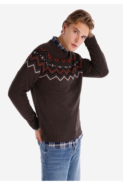 Colin's Regular Fit Round Neck Pattern Printed Jacquard Men's Brown Sweater