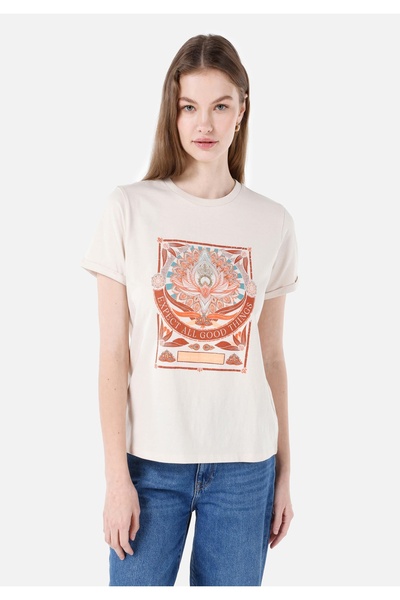 Colin's Дамска блуза с къс ръкав, с обло деколте и принт, в цвят екрю