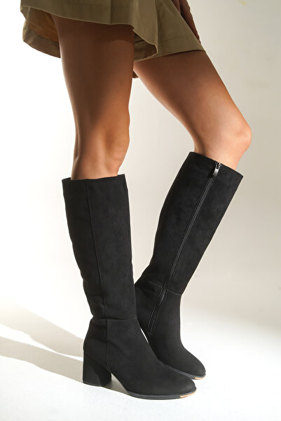 Capone Outfitters Дамски ботуши от велур с овални върхове, страничен цип и ток