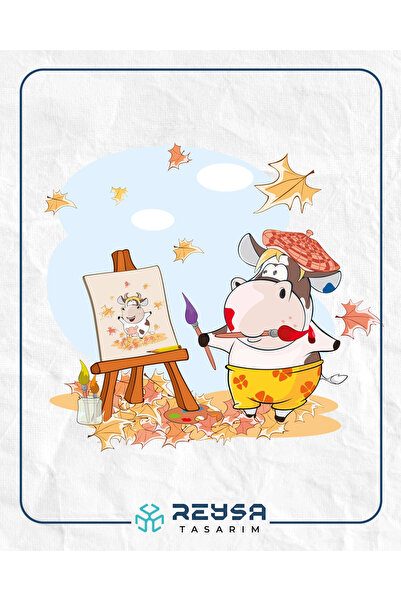 Reysa Tasarım Autumn Drawing Cow Sticker Wall Sticker 30x20 CM