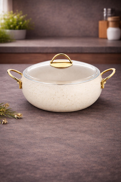 LAVONNI Caldora 28 cm Deep Granite Casserole Pot Non-Stick with Cream Gold Ha...
