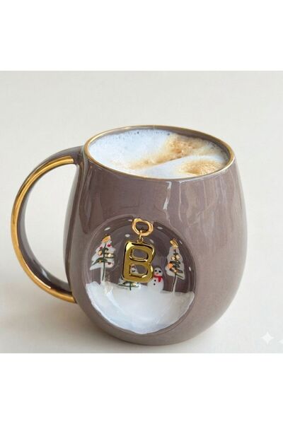 BSK Ceramics Handmade Harfli Porselen TAUPE Kupa B Harfi