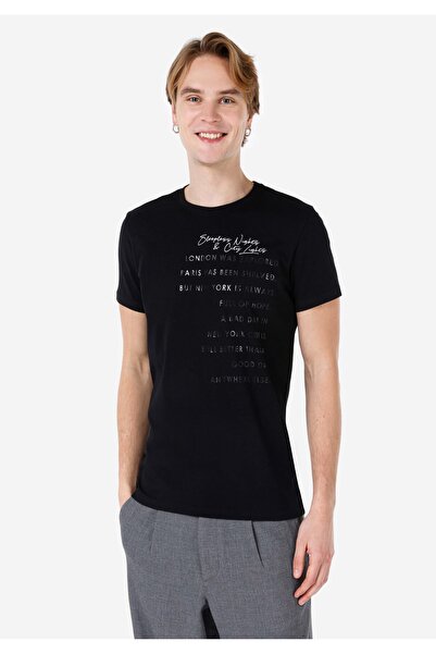 Colin's Tricou negru cu mânecă scurtă pentru bărbați, cu gât rotund