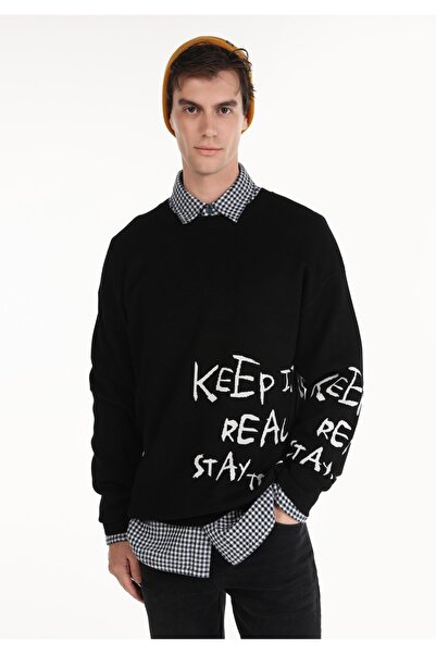 Colin's Regular Fit Bisiklet Yaka Yazı Baskılı Siyah Erkek Kazak