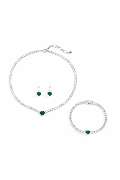 Pursehuit Set colier, tenis, brățară și cercei, culoare argintie, cu pietre d...