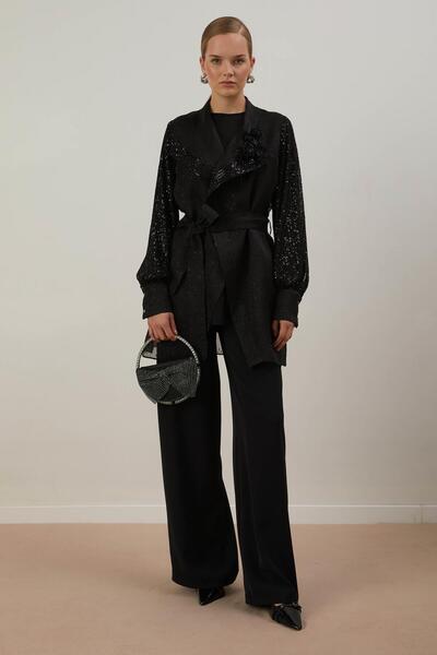 MELIDIA A40535 Aguaje Broş Detaylı Üçlü Abiye Takım / SİYAH