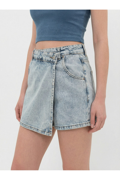 FlexiFit Denim Kot Şort Asimetrik Kapamalı Fermuarlı Jeans Şort Etek