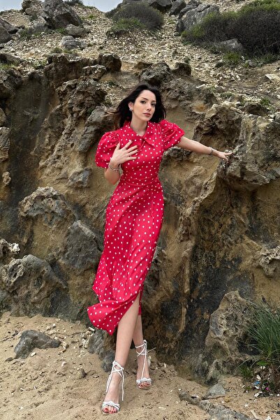 Angel Mia Φόρεμα με χοντρό γιακά με κόκκινο πουά