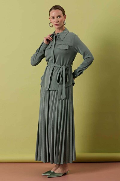 MELIDIA A41605 Aguaje Taşlı Piliseli Etek Takım / HAKİ