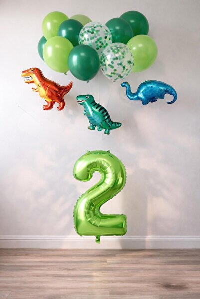 Patladı Gitti 2 Yaş Dinazor Set; Rakam Folyo, 3 Adet Mini Dinazor ve 10 lu Balon