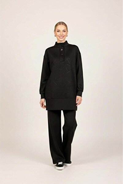 MELIDIA A419555 Aguaje Çıtçıt Detaylı Pantolonlu Takım / SİYAH