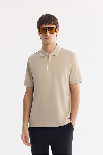 Avva Men's Mink Non-Curling Polo Collar Zippered Interlock Regular Fit T-Shir...