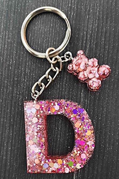 nursstore Gül Kurusu Simli Glitterlı D Harf Minik Ayıcıklı Epoksi Anahtarlık ...