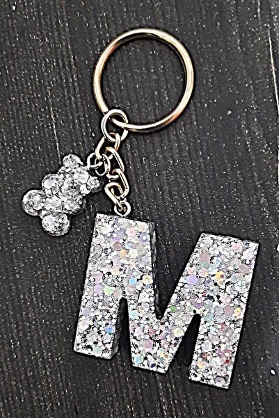 nursstore M Harf Ayıcık Figürlü Gümüş Gri Simli Epoksi Anahtarlık M Harf Yılb...