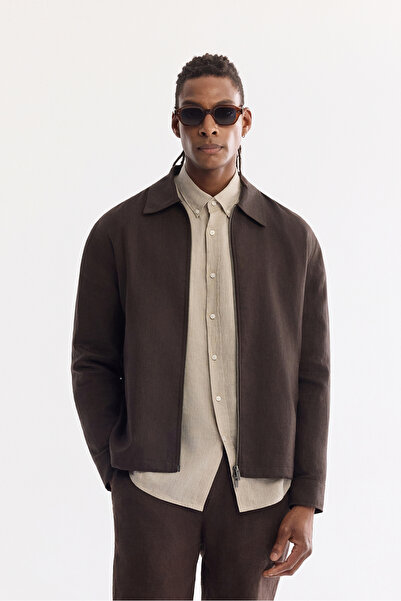 Avva Men's Brown Classic Collar Flannel Pocket Zippered Linen Jacket A61Y6005