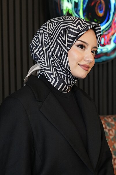 AFVENTE Eșarfă neagră din bumbac cu model geometric