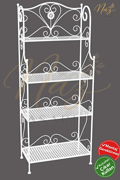 Ferforje Naz tasarım Ferforje Dekorasyon 4 Katlı Çok Amaçlı Raf Beyaz