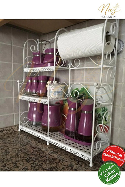 Ferforje Naz tasarım Naz Tasarım Ferforje 3 Katlı Baharatlık Havluluklu Beyaz