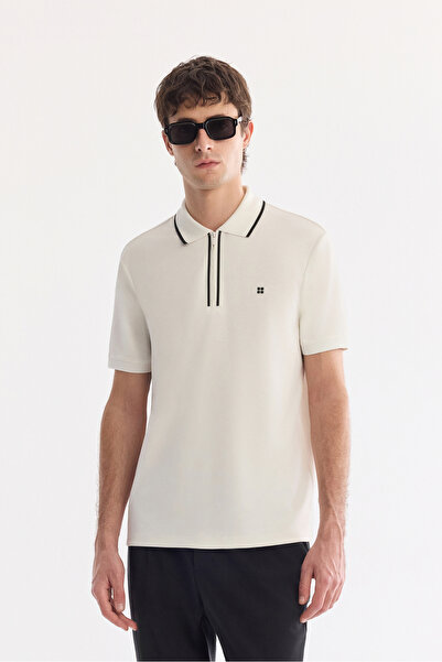 Avva Men's Ecru Non-Curling Polo Collar Zippered Interlock Regular Fit T-Shir...