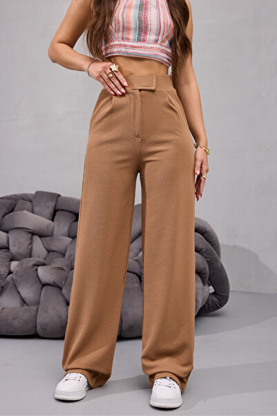 BİKELİFE بنطلون نسائي عالي الخصر من الليكرا بسحاب واسع الساقين من نوع بالازو