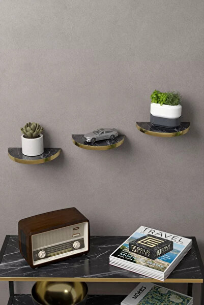 Kanonik Education رف حائط ديكور 3 قطع اناء للزهور بيضاوي ذهبي بندير