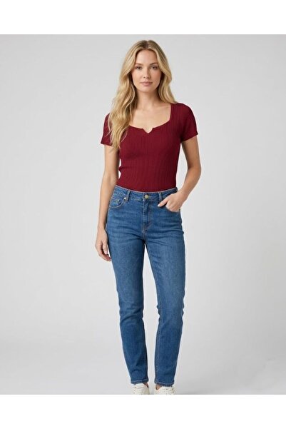 URUMDAY Mercerized Square Neck Slit Ribbed Short Sleeve Blouse